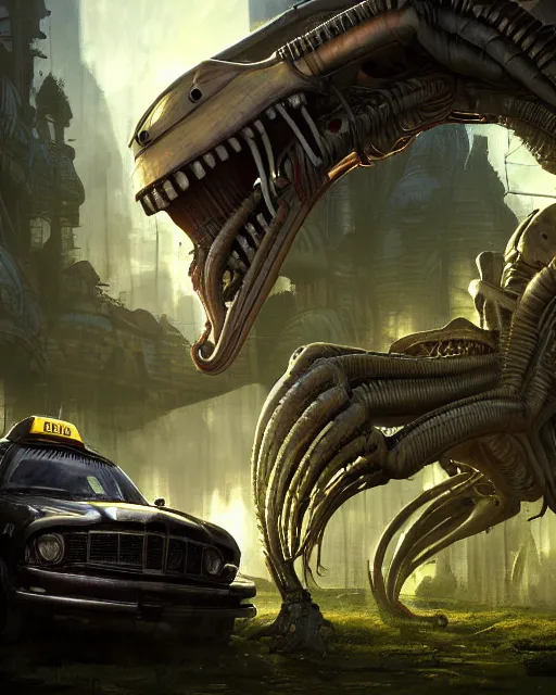 Prompt: xenomorph taxi car in a fantasy village, calming, uplifting mood, ultra realistic, farm, small buildings, highly detailed, epic lighting, illuminated, cinematic, morning, art by eddie mendoza