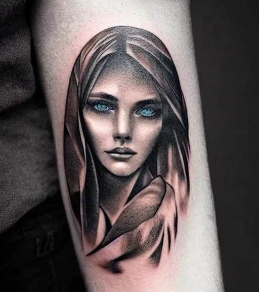 Image similar to tattoo design sketch of a beautiful blue - eyed woman face with a faded background of beautiful mountains and nature on her side, hyper - realistic, in the style of den yakovlev, amazing detail, black and white