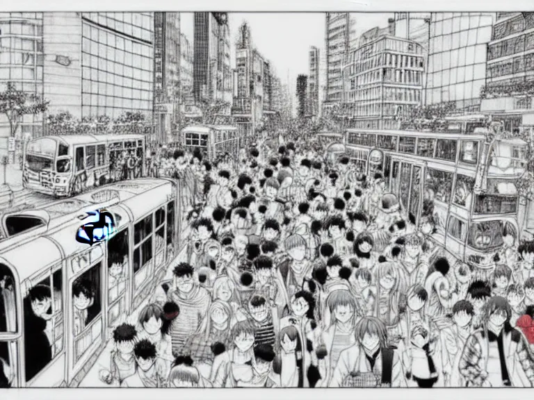 Image similar to Cat used as a bus in a busy city center, people on the bus, crowded, in the style of Manga, Eichiro Oda, hyper detailed