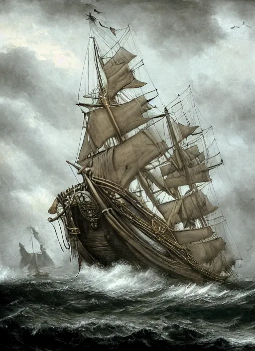 Image similar to mid shot portrait of a male pirate with two peglegs and two hook hands in foreground, fat obese pirate with beard, steering the rudder wheel of a wooden galleon tall ship of the line through a rain and lightning storm. view from on deck, sails masts rigging ropes pulleys, detailed dynamic light painting by peter mohrbacher