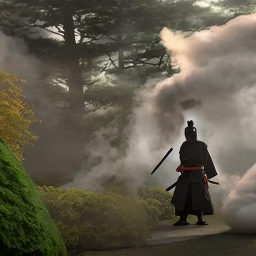 Image similar to a samurai warrior made of smoke, mystical magical :: ghibli studio,