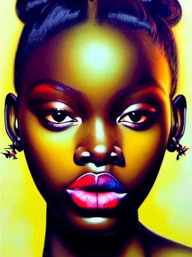 Image similar to portrait of duckie thot with a floral background : : painted by artgerm, karol bak, artur bordalo, sandra chevrier : : portrait, character, illustration, hyperrealism, photorealism