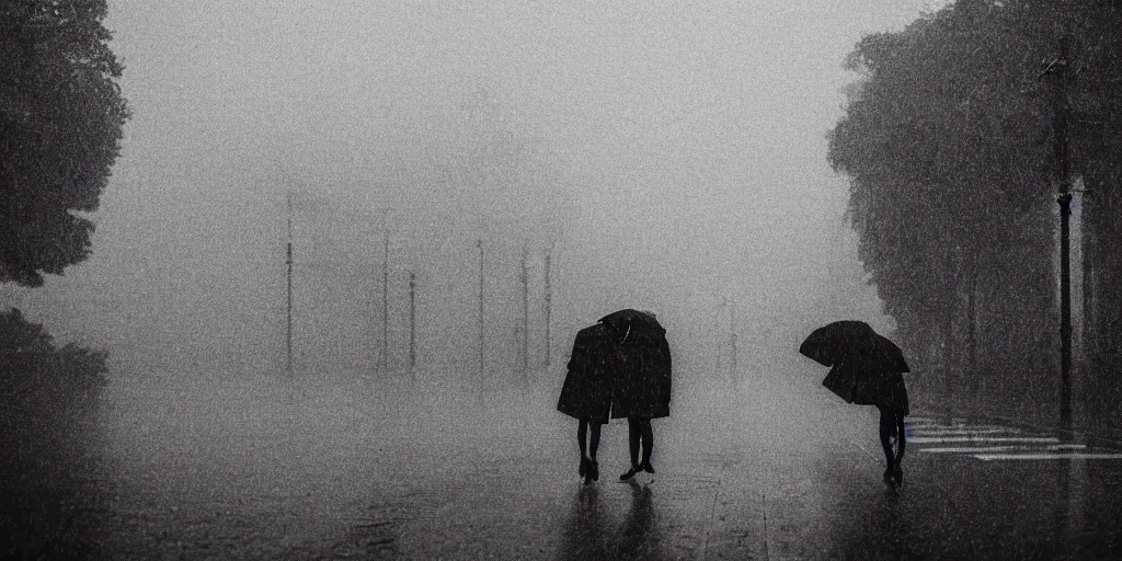 Image similar to lovers in the rain, moody light, empty street, full body