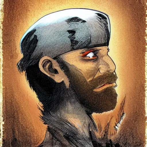 Prompt: portrait of a young bearded man, in the style of Enki Bilal and Joe Jusko and Alex Ross