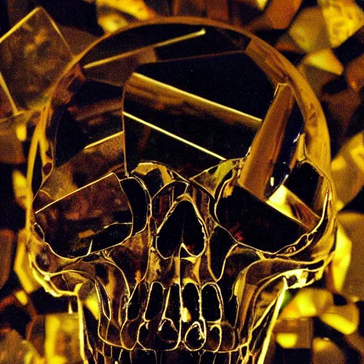 Prompt: a skull made out of broken mirrors, reflecting light in a nightclub, grainy film still