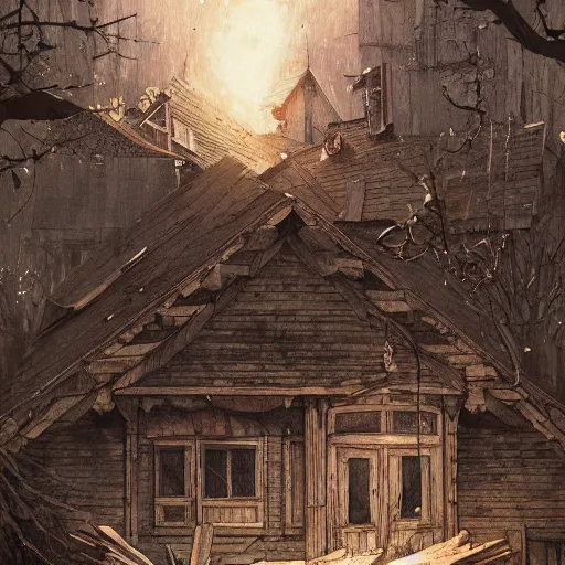 Image similar to two husbands leave each other inside broken wooden house, detailed intricate ink illustration, dark atmosphere, detailed illustration, hd, 4k, digital art, overdetailed art, concept art, by greg rutkowski, by loish, complementing colors, Trending on artstation, deviantart