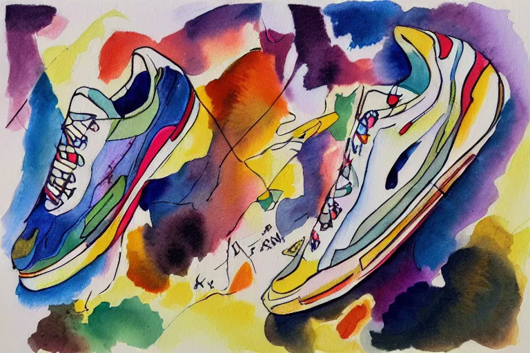 Image similar to watercolor artwork of sneakers shop, abstraction, kandinsky, art nouveau, trending on artstation