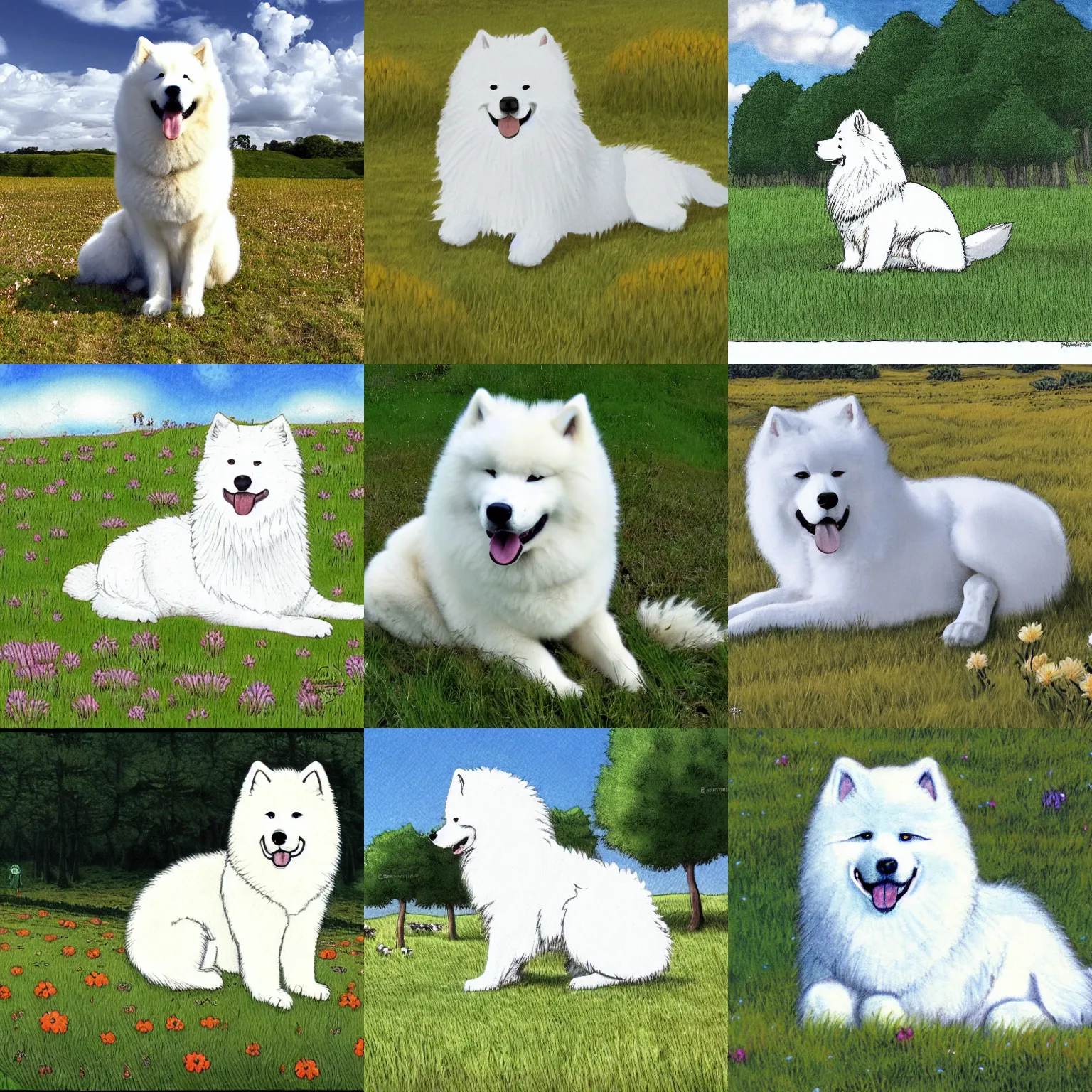 Prompt: a samoyed dog sitting in the middle of sunny meadow, colored, by kentaro miura