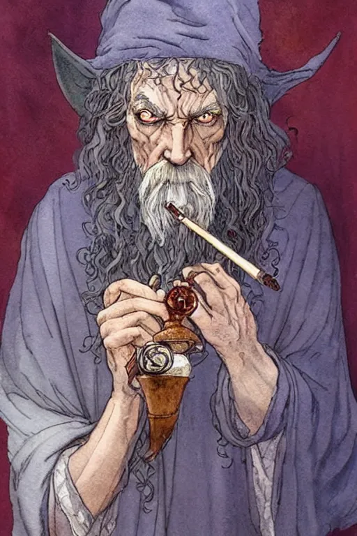 Prompt: a realistic and atmospheric watercolour fantasy character concept art portrait of ( ( ( gandalf ) ) ) with bloodshot eyes smoking a pipe looking at the camera with a pot leaf nearby by rebecca guay, michael kaluta!!!!!!, charles vess and jean moebius giraud!!!!!