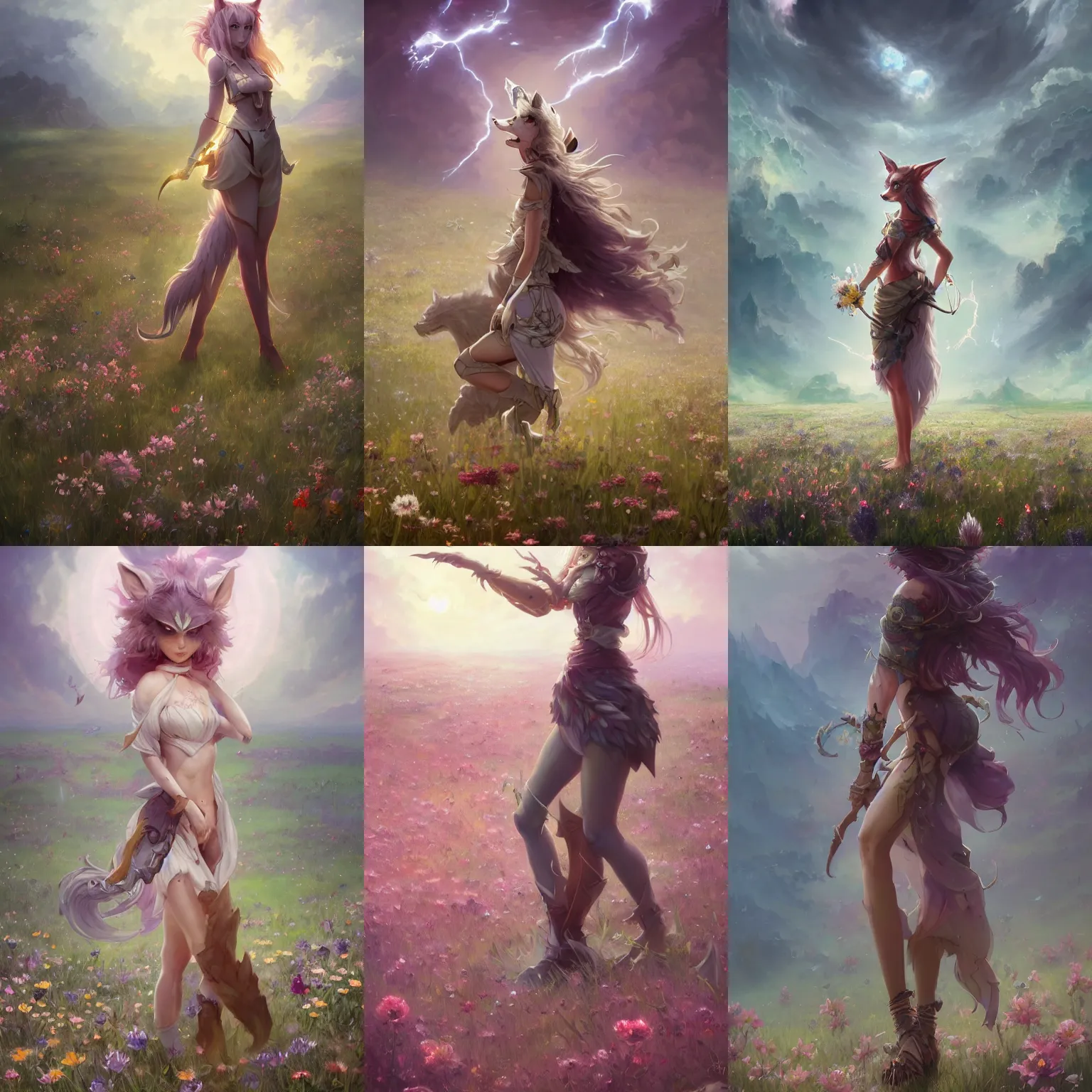 Prompt: A high fantasy wolf girl standing in the middle of the field of flowers, by Peter Mohrbacher and Craig Mullins, full shot, official media, beautiful, detailed, high quality, wallpaper 4K, epic, trending on artstation and behance, artstationHQ, artstationHD, dynamic lightning