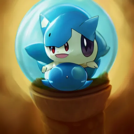 Image similar to cinematic portrait of cute Pokemon Mew riding large blue bubble, oil on canvas, masterpiece, trending on artstation, featured on pixiv, cinematic composition, dramatic pose, beautiful lighting, sharp, details, hyper-detailed, HD, HDR, 4K, 8K