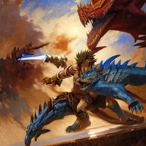 Image similar to stunning male master wizard fighting zinogre from monster hunter, highly detailed painting by gaston bussiere, craig mullins, j. c. leyendecker, 8 k