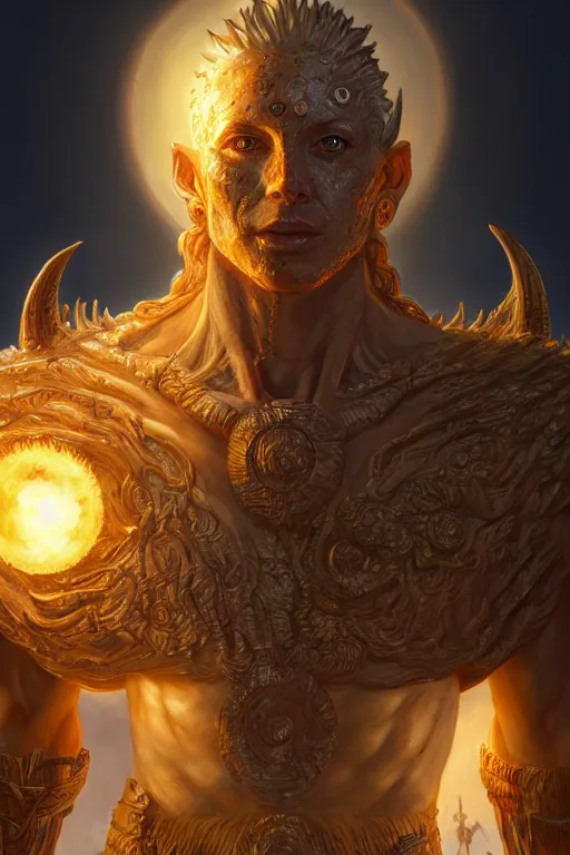 Image similar to humanoid god of the sun, highly detailed, d & d, fantasy, hyper detailed, digital painting, trending on artstation, apollo, concept art, sharp focus, illustration, art by artgerm and magali villeneuve and greg rutkowski and michael whelan, cryengine, 8 k realistic atmospheric lighting, frostbite 3 engine