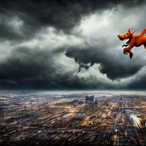 Image similar to charizard, flying in a stormy sky highly detailed, 4 k, hdr, smooth, sharp focus, high resolution, award - winning photo, boris valejo, photorealistic