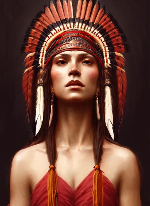 Image similar to gorgeous redskin woman wearing headdress, intricate, elegant, highly detailed, artstation, concept art, smooth, sharp focus, illustration, art by greg rutkowski and stefan kostic and bouguereau