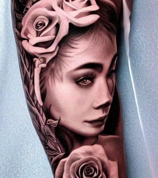 Image similar to tattoo design on white background of a beautiful girl warrior, roses, hyper realistic, realism tattoo, by eliot kohek, beautiful eyes, realistic face, black and white