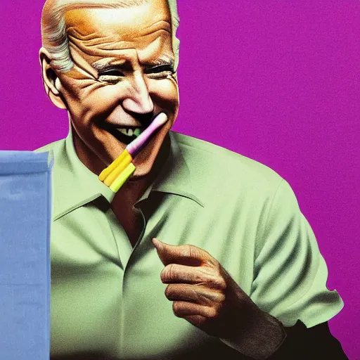 Prompt: joe biden eating a box of crayons, hyperrealism