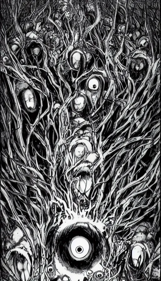 Image similar to a storm vortex made of many demonic eyes and teeth over a forest, by hajime isayama