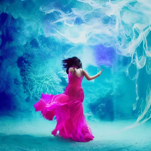 Prompt: woman dancing underwater wearing a flowing dress made of blue, magenta, and yellow seaweed, delicate coral sea bottom, swirling silver fish, swirling smoke shapes, cycles render, caustics lighting from above, cinematic, hyperdetailed