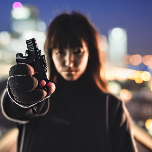 Image similar to photographic portrait of a techwear woman holding a Glock 18, closeup, on the rooftop of a futuristic city at night, sigma 85mm f/1.4, 4k, depth of field, high resolution, full color, two coherent arms