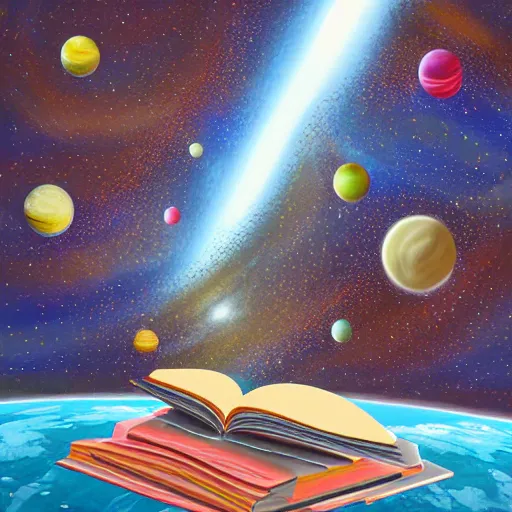 Image similar to panting of book store in space