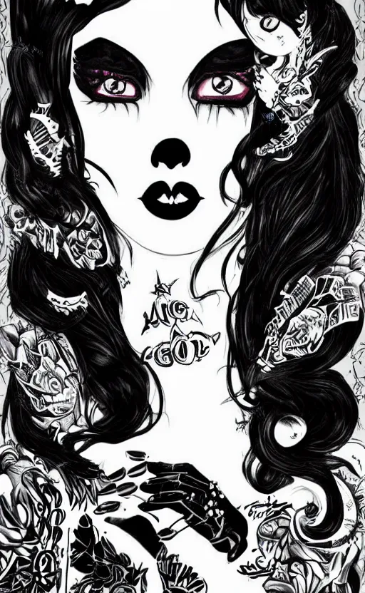 Image similar to of a goth girl burlesque psychobilly, rockabilly, punk, black hair, detailed face, white background, drawing, full body shot, portrait illustration