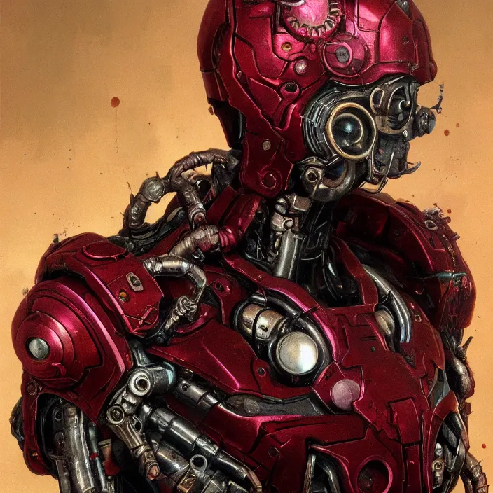 Image similar to portrait of a ruby Ultron from Age of Ultron, clockwork steampunk, head and chest only, by Beksinski, 4k, deviantart, trending on artstation