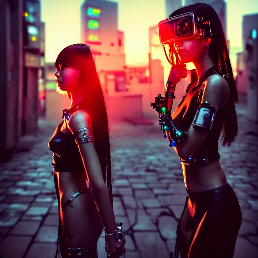 Image similar to a photo close up cyberpunk cyborg girl stands in a cyberpunk hiroshima, prefecture streets, sunset, photorealistic, cinematic lighting, very detailed, style by tomino - sama