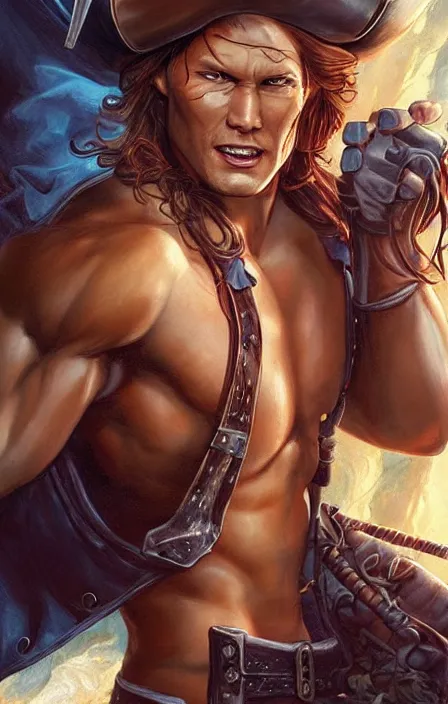 Prompt: pretty muscular sam winchester as a pirate in a pirate ship, fantasy style, sharp focus!, ultra detailed, art by artgerm and peter andrew jones, wlop