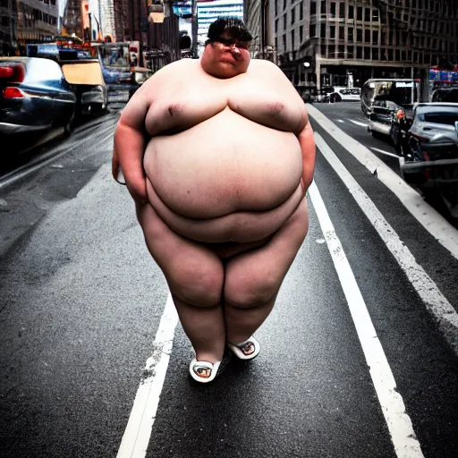 Prompt: morbid obesity, new york, candid, bokeh, wide angle