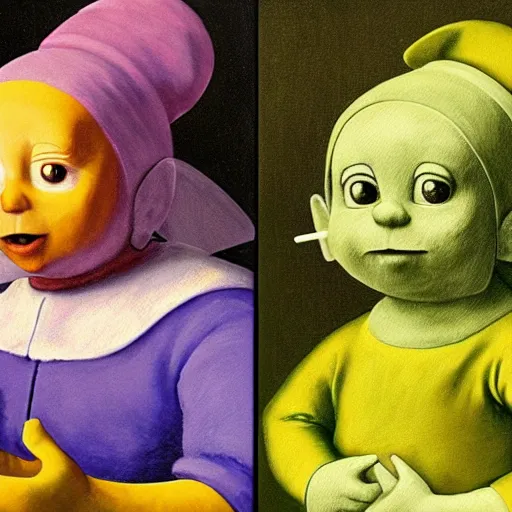 Image similar to painting of the teletubbies with the pearl earring, in the style of johannes vermeer