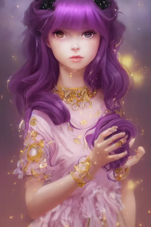 Image similar to beautiful princess in gold and pink dress, purple hair,, in her hands a black flower, soft lights ,symmetrical portrait, high quality, cinematic by WLOP and Rossdraws, character concept art. Epic composition, hyperrealism, award winning artwork,realistic hair, trending on artstation, high quality printing, fine art with subtle redshift rendering