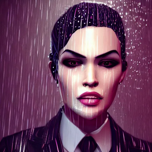 Image similar to stylish woman cartoon portrait made out of rain, pinstripe suit, top hat, cyberpunk background, rendered in octane, unreal engine, highly detailed, trending on artstation, realistic, neon, beautiful