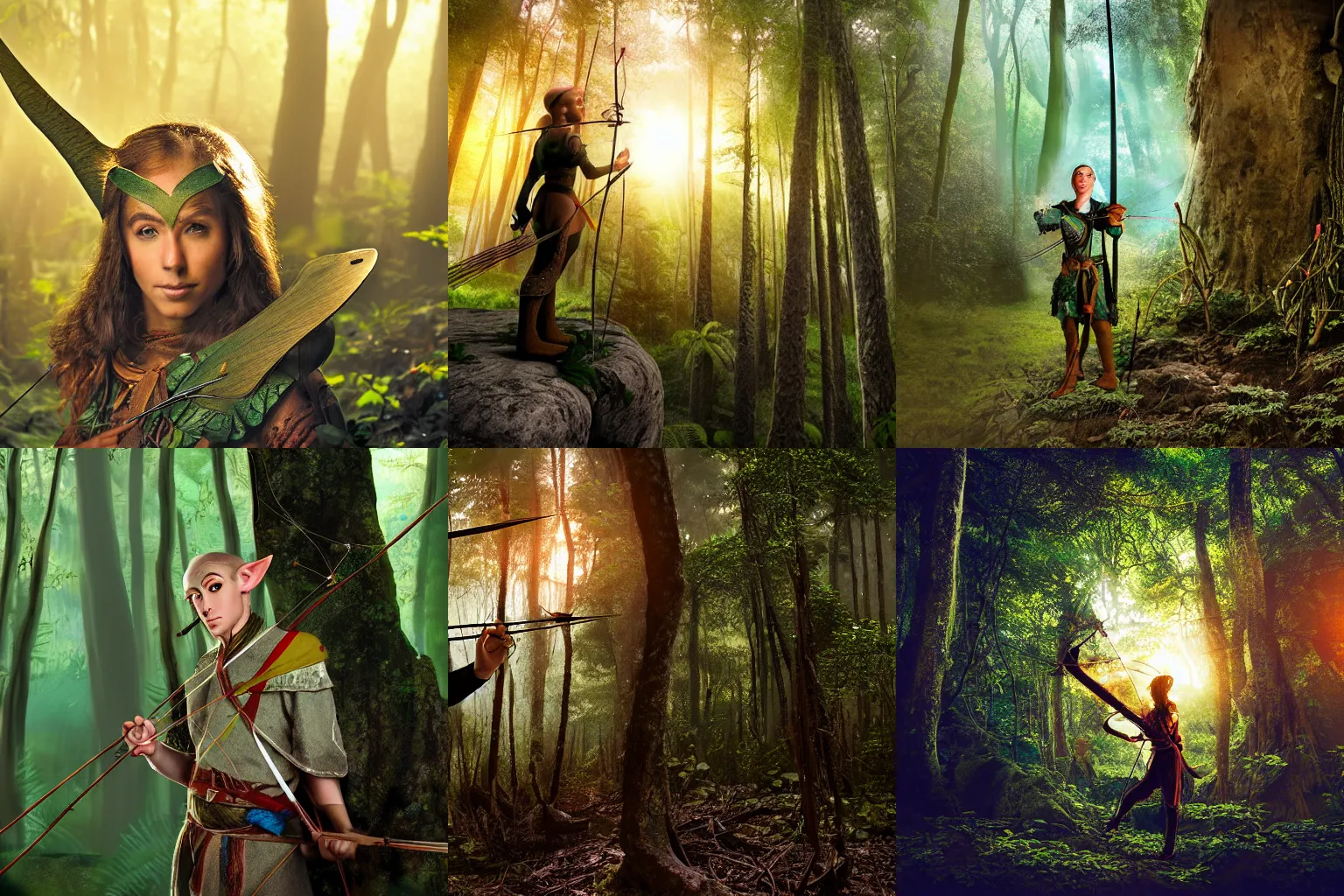 Prompt: Portrait of an elven archer exploring a Mayan forest at sunrise.