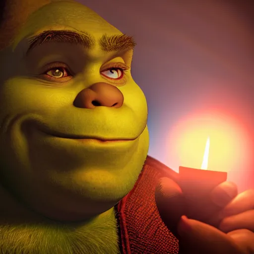 Image similar to portrait painting of shrek, candlelight, 8 k, ultra realistic, lens flare, atmosphere, glow, detailed, intricate, beautiful color, dungeons and dragons, gritty, cinematic lighting, trending on artstation, 4 k, hyperrealistic, focused, extreme details, unreal engine 5, cinematic, masterpiece