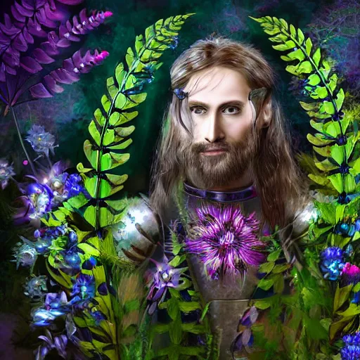 Image similar to a male knight, stern face, clear eyes, shining armour made of steel and flowers, and fractal flowery hair in a fractal garden, glowing delicate flower, berries and ferns that grow in a dark fantasy forest, full frame,