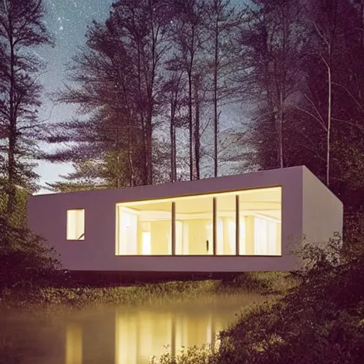 Image similar to atmospheric cozy futuristic organic white concrete house in the middle of a lush and dense forest at night, a beautiful lake next to it, night time, night sky, starry night sky, by Quint Buchholz