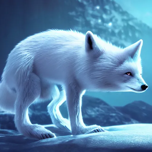 Prompt: A mythical polar fox made of ice crystalst:: hyper realistic, octane render, cinematic, dramatic lighting shadows, detailed illustration, 8k, intricate details