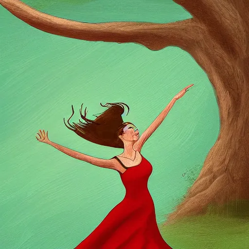 Image similar to illustration of a woman dancing near an old strong tall green persian cypress tree in wind, digital painting, artist farshchian