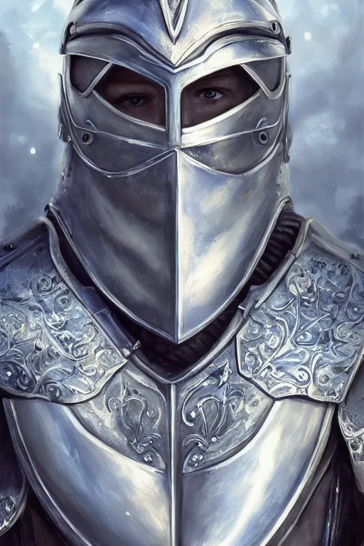 Image similar to a blonde male teenager wearing a silver plate armor, digital painting, digital art, oil painting, masterpiece, realistic and detailed face, profile picture, realistic, highly detailed, high quality, symmetrical, low contrast, trending on deviantart, soft colors, soft lighting, face portrait, beautiful, elegant, castle in the background, bokeh, artgem style