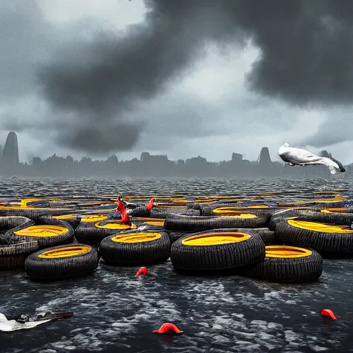 Image similar to on water, enormous huge piles of tyres and garbage floating as islands, seagulls flying in the forecasted sky, dramatic light, rainy weather, wet, detailed, wide shot, 8K mate painting, concept