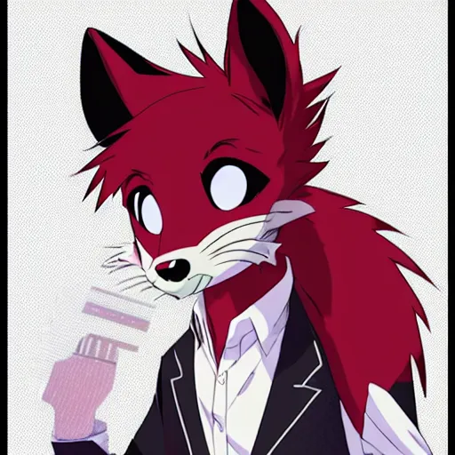 Image similar to key anime visual professional art of a close shot of an anthropomorphic black male fox anthro fursona, wearing a pomegrante colored business suit, handsome male eyes, anime office interior, official anime still