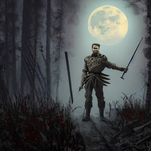 Image similar to superb digital illustration of stalin as a witcher, silver hammer and sickle as weapons, faces against spectres in the enchanted forest that hide in the fog, full moon, dreamy sequence, macabre spectacle, skeletal figures, solitude, uneasy, octane, unreal 5, cinematic, 8 k uhd, intricate detail, hyperrealist, dark fantasy mixed with socialist realism, concept art