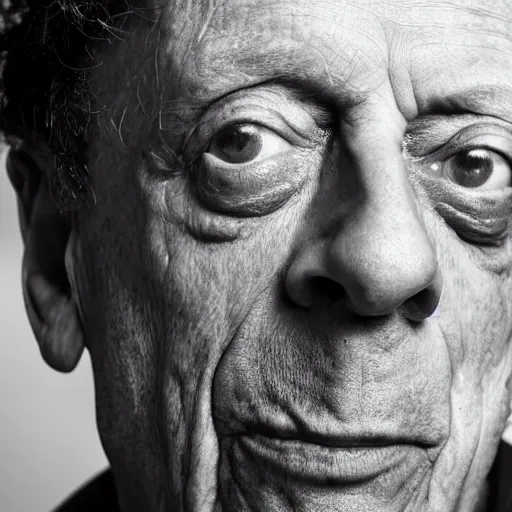 Prompt: A close-up shot of Philip Glass, photo, 4K