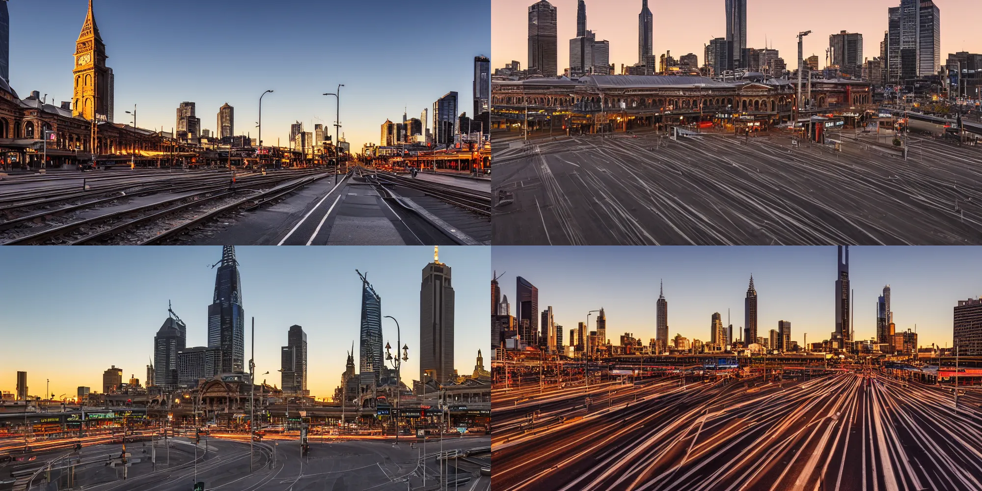 Prompt: Photograph of Flinders Street Station with the Eureka Tower in the background, early morning, golden hour photography, empty streets, 4k, wallpaper, beautiful