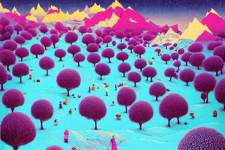 Image similar to surreal glimpse into other universe, himalaya with snow ice cream, summer morning, very coherent and colorful high contrast, art by!!!! gediminas pranckevicius!!!!, geof darrow, floralpunk screen printing woodblock, dark shadows, hard lighting, stipple brush technique,