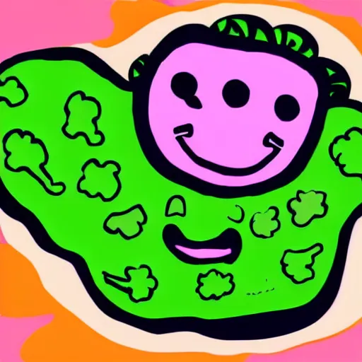 Image similar to a children illustration of a smiling happy broccoli, he is dancing, vivid bright colors