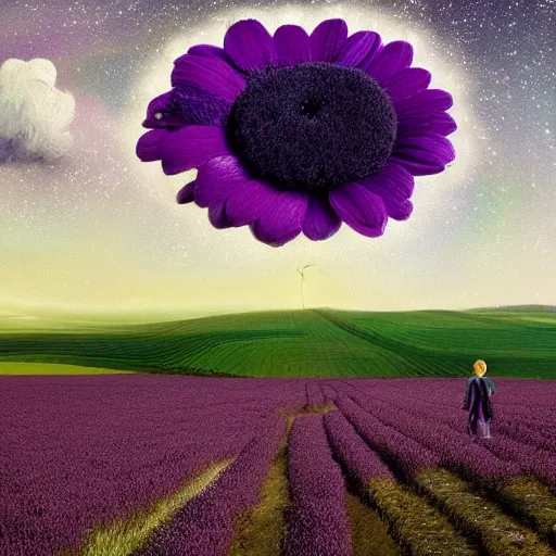 Image similar to giant purple daisy flower as a head, girl walking in wheat field, hills, surreal photography, dark night, star trails, dramatic light, impressionist painting, clouds, digital painting, artstation, simon stalenhag