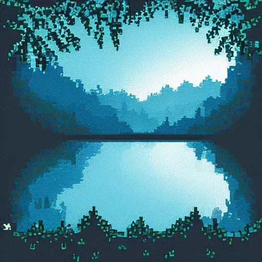 Prompt: pixel art of a lake at night in a forest, dark blue colors