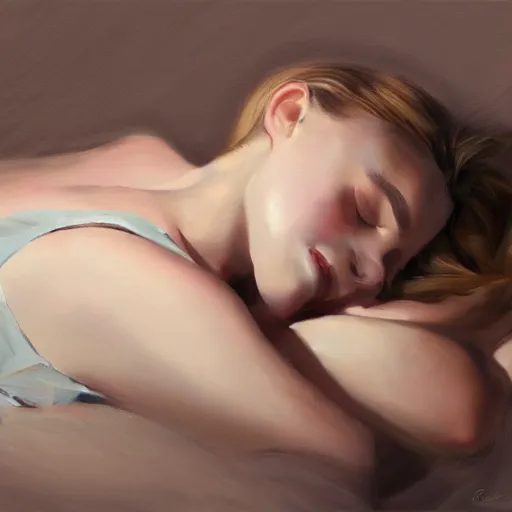 Prompt: full - bodied portait of elegant and beautiful sleeping girl, with joyful expression, sleep on the floor, the silk textile covered her body, oil painting, high qulity realistic, hd, 8 k, trend in artstation, art by evan wilson